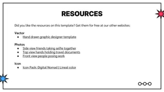 RESOURCES
Did you like the resources on this template? Get them for free at our other websites:
Vector
● Hand drawn graphic designer template
Photos
● Side view friends taking selfie together
● Top view hands holding travel documents
● Front view people posing work
Icon
● Icon Pack: Digital Nomad | Lineal color
 