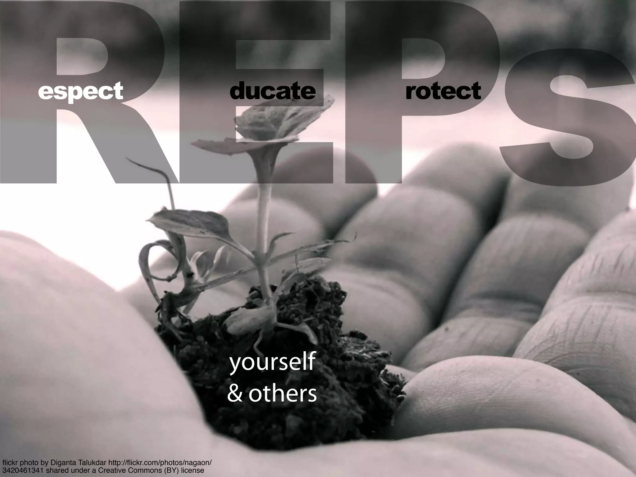 REPs
ﬂickr photo by Diganta Talukdar http://ﬂickr.com/photos/nagaon/
3420461341 shared under a Creative Commons (BY) license
espect ducate rotect
yourself
& others
 