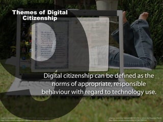 creative commons licensed (BY-NC-ND) ﬂickr photo by yohann.aberkane:
http://ﬂickr.com/photos/yohann-aberkane/2836258475
creative commons licensed (BY-NC) ﬂickr photo by Houston Marsh:
http://ﬂickr.com/photos/ponyboy101/3872909541
9
Themes of Digital
Citizenship
Digital citizenship can be defined as the
norms of appropriate, responsible
behaviour with regard to technology use.
 