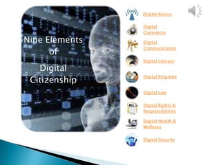 Digital Access

                Digital
                Commerce

Nine Elements   Digital
                Communication
      of
                Digital Literacy
   Digital
 Citizenship
                Digital Etiquette


                Digital Law

                Digital Rights &
                Responsibilities

                Digital Health &
                Wellness

                Digital Security
 