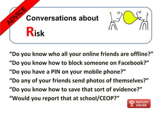 CE
  VI Conversations about
AD
      Risk
“Do you know who all your online friends are offline?”
“Do you know how to block someone on Facebook?”
“Do you have a PIN on your mobile phone?”
“Do any of your friends send photos of themselves?”
“Do you know how to save that sort of evidence?”
“Would you report that at school/CEOP?”
 