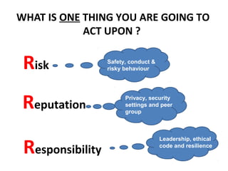 WHAT IS ONE THING YOU ARE GOING TO
            ACT UPON ?


 Risk             Safety, conduct &
                  risky behaviour




 Reputation             Privacy, security
                        settings and peer
                        group




 Responsibility
                                      Leadership, ethical
                                      code and resilience
 