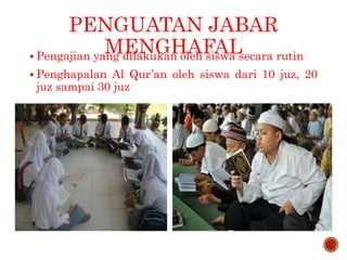 PENGUATAN JABAR
MENGHAFAL Pengajian yang dilakukan oleh siswa secara rutin
 Penghapalan Al Qur’an oleh siswa dari 10 juz, 20
juz sampai 30 juz
 