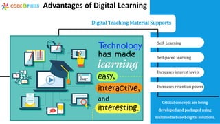 Advantages of Digital Learning
Critical concepts are being
developed and packaged using
multimedia based digital solutions.
Self Learning
Self-paced learning
Increases interest levels
Increases retention power
Digital Teaching Material Supports
 