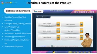  Unit Plan/Lesson Plan/Unit
Overview
 Concepts/Model/Activity/Theory
 Law/Principle/Lab
Activity/Virtual lab
 Derivations/ Numerical Problems
 Real life Applications/uses
 Summary/Assignments /Follow-
ups
 Assessments/Keywords
Elements of Instruction
Technical Features of the Product
 