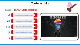 https://youtu.be/VbwsJJtIM18
https://youtu.be/aCQSMKRY-pA
https://youtu.be/-4JP_czzsS4
https://youtu.be/JGhc3-NExCo
https://youtu.be/ub9NUVkZVSs
Class
YouTube Links
VI
VII
VIII
IX
X
TS/AP State Syllabus
 