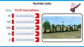 https://youtu.be/NESzOpVlJ8s
https://youtu.be/tpc8uQwEu-w
https://youtu.be/49vP02k3mkM
https://youtu.be/ij3qHqY2KFw
https://youtu.be/aODS4gzrNDs
Class
YouTube Links
VI
VII
VIII
IX
X
TS/AP State Syllabus
 