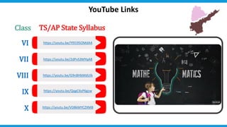 https://youtu.be/G9n8HbMdUIk
https://youtu.be/Yl9195OMdA4
https://youtu.be/2dPvS3MYqA8
https://youtu.be/QqgC6sP6gzw
https://youtu.be/VD8kMYCZXM8
Class
YouTube Links
VI
VII
VIII
IX
X
TS/AP State Syllabus
 