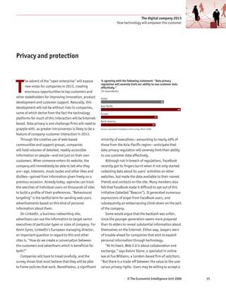 The digital company 2013
                                                                            How technology will empower the customer




Privacy and protection




T
       he advent of the “open enterprise” will expose      % agreeing with the following statement: “Data privacy
                                                           regulation will severely limit our ability to use customer data
       new vistas for companies in 2013, creating          effectively.”
       enormous opportunities to tap customers and         (% respondents)

other stakeholders for improving innovation, product       Global
development and customer support. Naturally, this                                                                          30
                                                           Asia-Pacific
development will not be without risks to companies,                                                                             38
some of which derive from the fact the technology          Europe
                                                                                                                      27
platforms for much of this interaction will be Internet-
                                                           North America
based. Data privacy is one challenge firms will need to                                                              26
grapple with, as greater intrusiveness is likely to be a   Source: Economist Intelligence Unit survey, March 2008.

feature of company-customer interaction in 2013.
   Through the creative use of web-based                   minority of executives—amounting to nearly 40% of
communities and support groups, companies                  those from the Asia-Pacific region—anticipate that
will hold volumes of detailed, readily accessible          data privacy regulation will severely limit their ability
information on people—and not just on their own            to use customer data effectively.
customers. When someone enters its website, the                Although not in breach of regulations, FaceBook
company will immediately be able to tell who they          recently got its fingers burnt when it not only started
are—age, interests, music tastes and other likes and       collecting data about its users’ activities on other
dislikes—gained from information given freely on a         websites, but made the data available to their named
previous occasion. Already today, agencies can track       friends and contacts on the site. Many members also
the searches of individual users on thousands of sites     felt that FaceBook made it difficult to opt out of this
to build a profile of their preferences. “Behavioural      initiative (labelled “Beacon”). It generated numerous
targeting” is the tactful term for sending web users       expressions of anger from FaceBook users, and
advertisements based on this kind of personal              subsequently an embarrassing climb-down on the part
information about them.                                    of the company.
   On LinkedIn, a business-networking site,                    Some would argue that the backlash was unfair,
advertisers can use the information to target senior       since the younger generation seems more prepared
executives of particular types or sizes of company. For    than its elders to reveal substantial information about
Kevin Eyres, LinkedIn’s European managing director,        themselves on the Internet. Either way, lawyers warn
an important question in regard to this and other          of trouble ahead for companies that wish to exploit
sites is, “How do we create a conversation between         personal information through technology.
the customers and advertisers which is beneficial for          “At its heart, Web 2.0 is about collaboration and
both?”                                                     exchange,” says Kolvin Stone, a specialist in online
   Companies will have to tread carefully, and the         law at Fox Williams, a London-based firm of solicitors.
survey shows that most believe that they will be able      “But there is a trade-off between the value to the user
to frame policies that work. Nonetheless, a significant    versus privacy rights. Users may be willing to accept a


                                                                                       © The Economist Intelligence Unit 2008        15
 