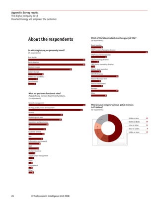 Appendix: Survey results
The digital company 2013
How technology will empower the customer




              About the respondents                                             Which of the following best describes your job title?
                                                                                (% respondents)

                                                                                Board member
                                                                                                  6
              In which region are you personally based?                         CEO/President/Managing director
              (% respondents)                                                                                                              29
                                                                                CFO/Treasurer/Comptroller
              Asia-Pacific                                                                            8
                                                                           30   CIO/Technology director
              North America                                                               4
                                                                           30   CMO/Senior marketing director
              Western Europe                                                       2
                                                                 23             Other C-level executive
              Eastern Europe                                                                  5
                                             8                                  SVP/VP/Director
              Middle East and Africa                                                                              14
                                5                                               Head of Business Unit
              Latin America                                                                   5
                            4                                                   Head of Department
                                                                                                  6
                                                                                Manager
                                                                                                                  14
               What are your main functional roles?                             Other
               Please choose no more than three functions.                                            8
               (% respondents)

               General management
                                                                           43   What are your company’s annual global revenues
               Strategy and business development                                in US dollars?
                                                                      41        (% respondents)
               Finance
                                                            26
               Marketing and sales
                                                                                                                           $500m or less   50
                                                           25
               Operations and production                                                                                   $500m to $1bn   10
                                                      15
                                                                                                                           $1bn to $5bn    14
               IT
                                                 13                                                                        $5bn to $10bn    8

               Customer service                                                                                            $10bn or more   18
                                             12
               Risk
                                            11
               Information and research
                                        9
               R&D
                                    8
               Human resources
                            5
               Supply-chain management
                        4
               Legal
                    3
               Procurement
                    3
               Other
                        4




26                  © The Economist Intelligence Unit 2008
 