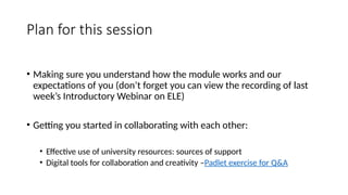 Plan for this session
• Making sure you understand how the module works and our
expectations of you (don’t forget you can view the recording of last
week’s Introductory Webinar on ELE)
• Getting you started in collaborating with each other:
• Effective use of university resources: sources of support
• Digital tools for collaboration and creativity –Padlet exercise for Q&A
 