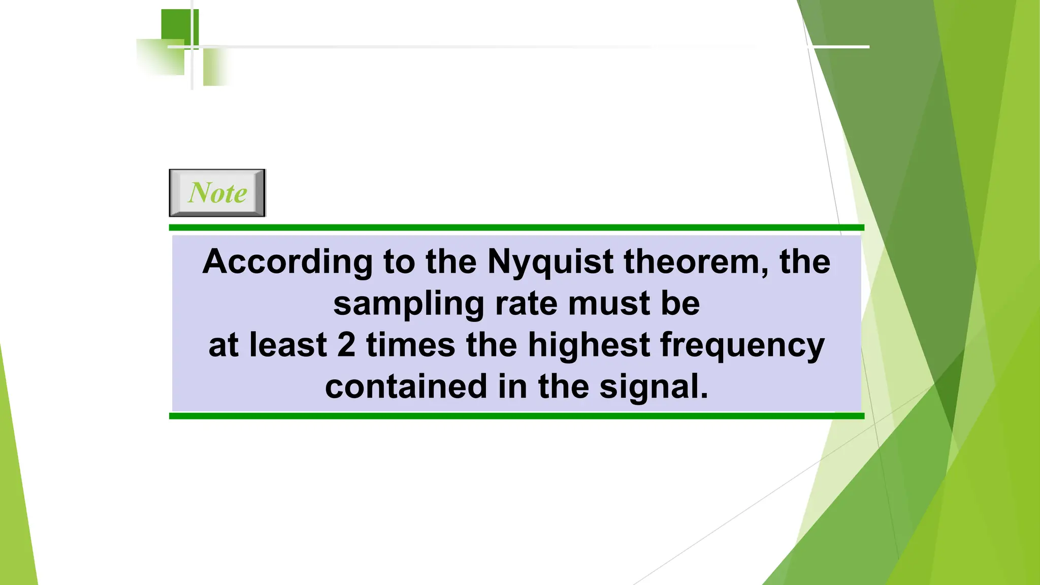 According to the Nyquist theorem, the
sampling rate must be
at least 2 times the highest frequency
contained in the signal.
Note
 