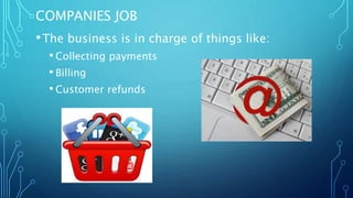 COMPANIES JOB
•The business is in charge of things like:
• Collecting payments
• Billing
• Customer refunds
 