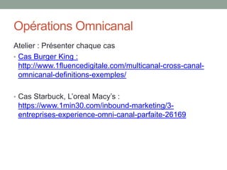 Opérations Omnicanal
Atelier : Présenter chaque cas
• Cas Burger King :
http://www.1fluencedigitale.com/multicanal-cross-c...