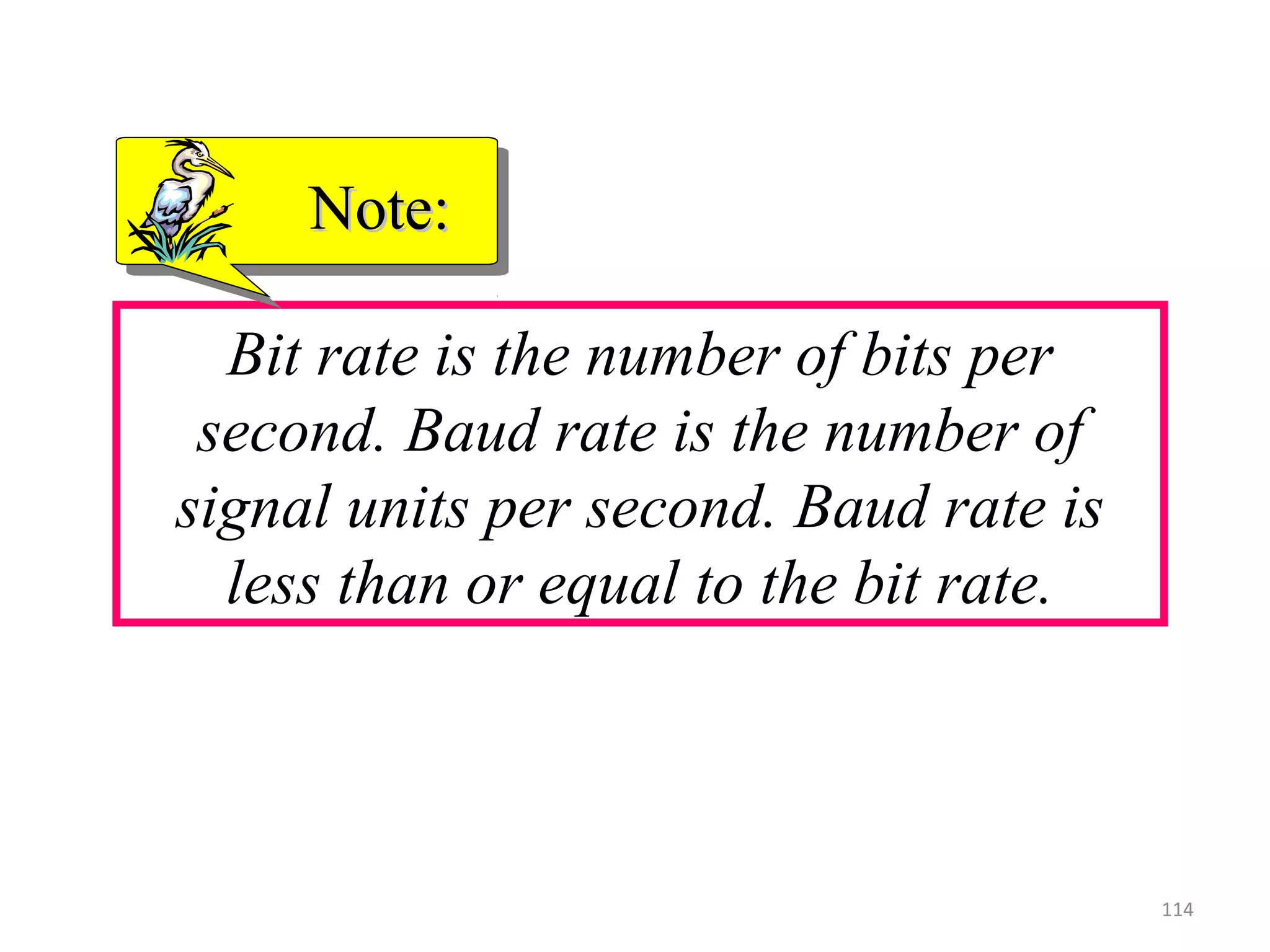 Bit rate is the number of bits per
second. Baud rate is the number of
signal units per second. Baud rate is
less than or equal to the bit rate.
Note:Note:
114
 