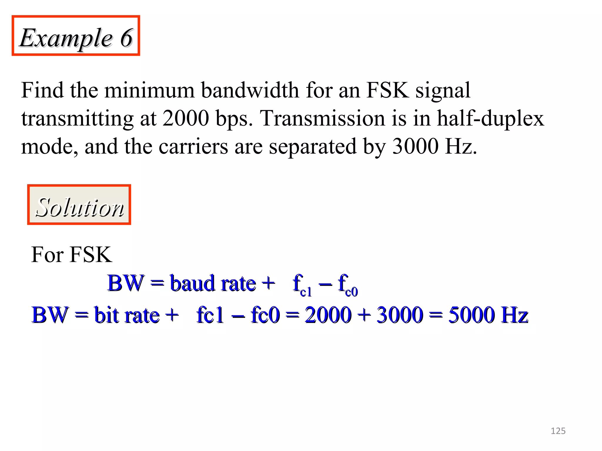 Example 6Example 6
Find the minimum bandwidth for an FSK signal
transmitting at 2000 bps. Transmission is in half-duplex
mode, and the carriers are separated by 3000 Hz.
SolutionSolution
For FSK
BW = baud rate + fBW = baud rate + fc1c1 −− ffc0c0
BW = bit rate + fc1BW = bit rate + fc1 −− fc0 = 2000 + 3000 = 5000 Hzfc0 = 2000 + 3000 = 5000 Hz
125
 