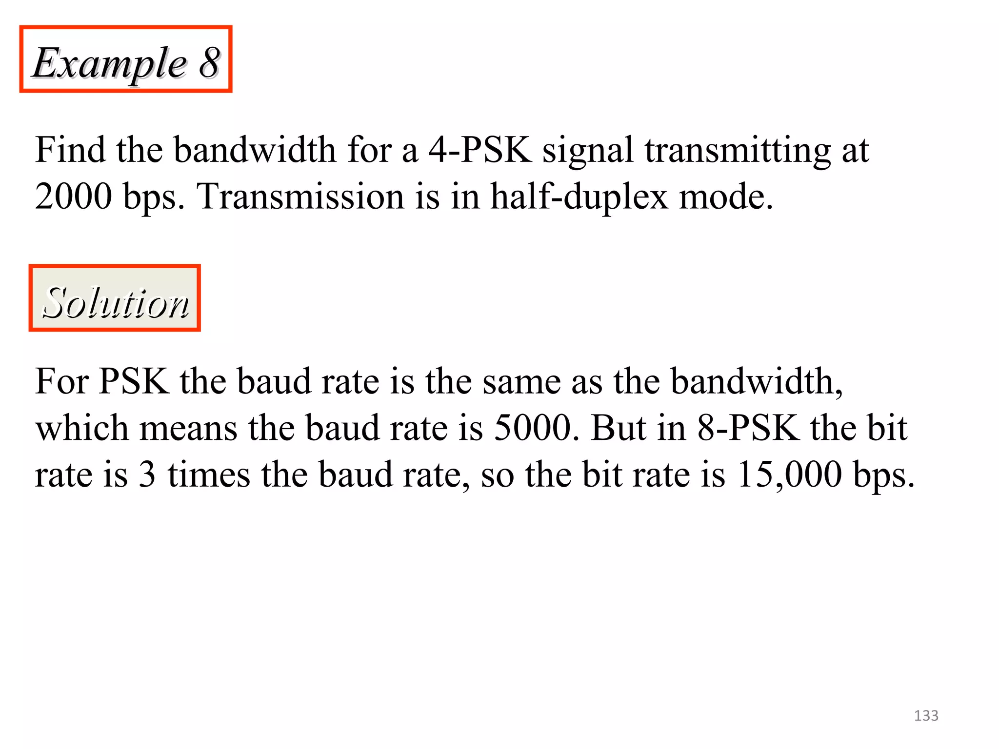 Example 8Example 8
Find the bandwidth for a 4-PSK signal transmitting at
2000 bps. Transmission is in half-duplex mode.
SolutionSolution
For PSK the baud rate is the same as the bandwidth,
which means the baud rate is 5000. But in 8-PSK the bit
rate is 3 times the baud rate, so the bit rate is 15,000 bps.
133
 