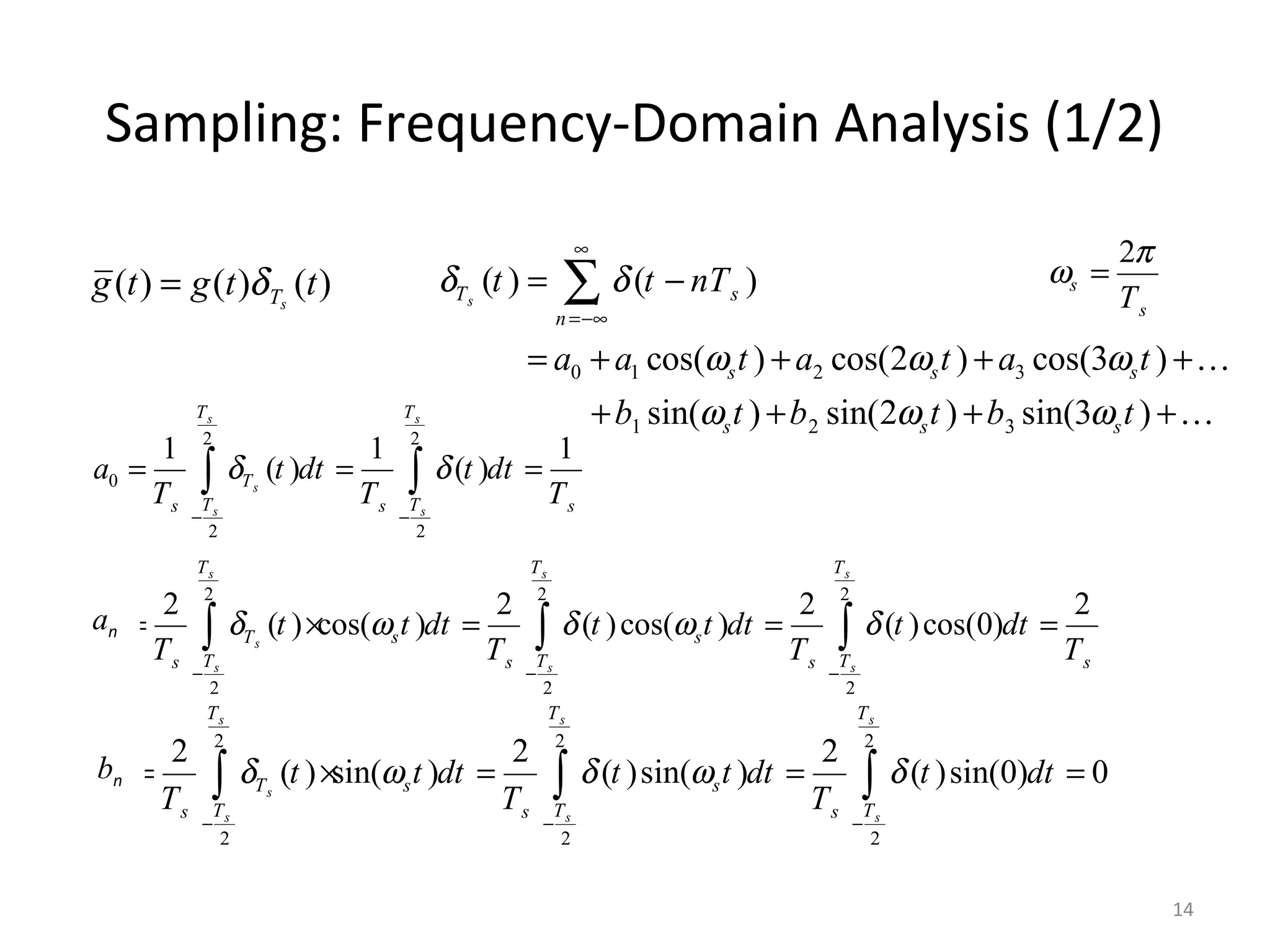 Sampling: Frequency-Domain Analysis (1/2)
0 1 2 3
1 2 3
( ) ( )
cos( ) cos(2 ) cos(3 )
sin( ) sin(2 ) sin(3 )
sT s
n
s s s
s s s
t t nT
a a t a t a t
b t b t b t
δ δ
ω ω ω
ω ω ω
∞
=−∞
= −
= + + + +
+ + + +
∑
K
K
2
s
sT
π
ω =
2 2
0
2 2
1 1 1
( ) ( )
s s
s
s s
T T
T
T Ts s s
a t dt t dt
T T T
δ δ
− −
= = =∫ ∫
2 2 2
0
2 2 2
2 2 2 2
( ) cos( ) ( )cos( ) ( )cos(0)
s s s
s
s s s
T T T
T s s
T T Ts s s s
a t t dt t t dt t dt
T T T T
δ ω δ ω δ
− − −
= × = = =∫ ∫ ∫
2 2 2
0
2 2 2
2 2 2
( ) sin( ) ( )sin( ) ( )sin(0) 0
s s s
s
s s s
T T T
T s s
T T Ts s s
b t t dt t t dt t dt
T T T
δ ω δ ω δ
− − −
= × = = =∫ ∫ ∫
)()()( ttgtg sTδ=
an
bn
14
 