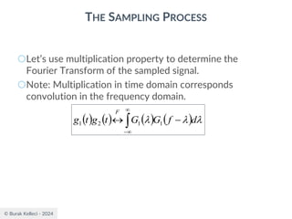 © Burak Kelleci - 2024
THE SAMPLING PROCESS
○Let’s use multiplication property to determine the
Fourier Transform of the sampled signal.
○Note: Multiplication in time domain corresponds
convolution in the frequency domain.
( ) ( ) ( ) ( )



−
−
 

 d
f
G
G
t
g
t
g
F
1
1
2
1
 