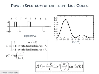 © Burak Kelleci - 2024
POWER SPECTRUM OF DIFFERENT LINE CODES
Bipolar RZ
R=1/Tb
( ) ( )
b
b
b
fT
fT
T
A
f
S 
2
2
2
sin
2
sinc
4






=
( ) 







=





+
−
−
+
=
2
/
rect
A
is
mark
last
and
1
symbol
A
is
mark
last
and
1
symbol
0
symbol
0
b
k
T
t
t
p
A
A
a
 
