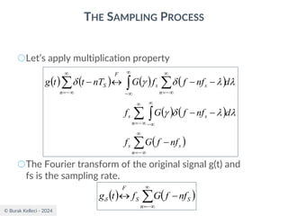 © Burak Kelleci - 2024
THE SAMPLING PROCESS
○Let’s apply multiplication property
○The Fourier transform of the original signal g(t) and
fs is the sampling rate.
( ) ( ) ( ) ( )
( ) ( )
( )

 
 


−
=

−
=


−


−

−
=

−
=
−
−
−
−
−

−
n
s
s
n
s
s
n
s
s
F
n
S
nf
f
G
f
d
nf
f
G
f
d
nf
f
f
G
nT
t
t
g









( ) ( )


−
=
−

n
S
S
F
nf
f
G
f
t
g
 