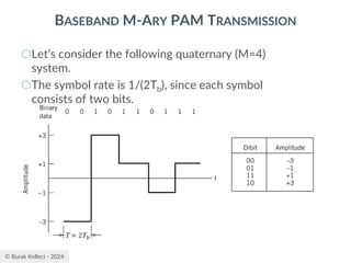 © Burak Kelleci - 2024
BASEBAND M-ARY PAM TRANSMISSION
○Let’s consider the following quaternary (M=4)
system.
○The symbol rate is 1/(2Tb), since each symbol
consists of two bits.
 