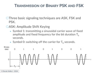 © Burak Kelleci - 2024
TRANSMISSION OF BINARY PSK AND FSK
○Three basic signaling techniques are ASK, FSK and
PSK.
○ASK: Amplitude Shift Keying
● Symbol 1: transmitting a sinusoidal carrier wave of fixed
amplitude and fixed frequency for the bit duration Tb
seconds.
● Symbol 0: switching off the carrier for Tb seconds.
 