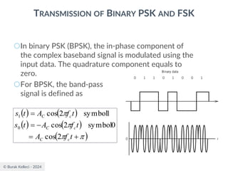 © Burak Kelleci - 2024
TRANSMISSION OF BINARY PSK AND FSK
○In binary PSK (BPSK), the in-phase component of
the complex baseband signal is modulated using the
input data. The quadrature component equals to
zero.
○For BPSK, the band-pass
signal is defined as
( ) ( )
( ) ( )
( )




+
=
−
=
=
t
f
A
t
f
A
t
s
t
f
A
t
s
c
C
c
C
c
C
2
cos
0
symbol
2
cos
1
symbol
2
cos
0
1
 