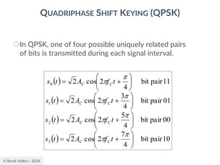 © Burak Kelleci - 2024
QUADRIPHASE SHIFT KEYING (QPSK)
○In QPSK, one of four possible uniquely related pairs
of bits is transmitted during each signal interval.
( )
( )
( )
( ) 10
pair
bit
4
7
2
cos
2
00
pair
bit
4
5
2
cos
2
01
pair
bit
4
3
2
cos
2
11
pair
bit
4
2
cos
2
3
2
1
0






+
=






+
=






+
=






+
=








t
f
A
t
s
t
f
A
t
s
t
f
A
t
s
t
f
A
t
s
C
C
C
C
C
C
C
C
 