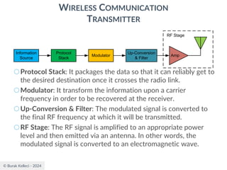 © Burak Kelleci - 2024
WIRELESS COMMUNICATION
TRANSMITTER
○Protocol Stack: It packages the data so that it can reliably get to
the desired destination once it crosses the radio link.
○Modulator: It transform the information upon a carrier
frequency in order to be recovered at the receiver.
○Up-Conversion & Filter: The modulated signal is converted to
the final RF frequency at which it will be transmitted.
○RF Stage: The RF signal is amplified to an appropriate power
level and then emitted via an antenna. In other words, the
modulated signal is converted to an electromagnetic wave.
Information
Source
Protocol
Stack
Modulator
Up-Conversion
& Filter
Amp
RF Stage
 