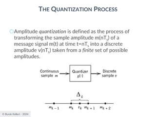 © Burak Kelleci - 2024
THE QUANTIZATION PROCESS
○Amplitude quantization is defined as the process of
transforming the sample amplitude m(nTs) of a
message signal m(t) at time t=nTs into a discrete
amplitude v(nTs) taken from a finite set of possible
amplitudes.
k

 