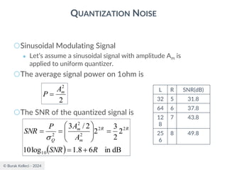 © Burak Kelleci - 2024
QUANTIZATION NOISE
○Sinusoidal Modulating Signal
● Let’s assume a sinusoidal signal with amplitude Am is
applied to uniform quantizer.
○The average signal power on 1ohm is
○The SNR of the quantized signal is
2
2
m
A
P =
( ) dB
in
6
8
.
1
log
10
2
2
3
2
2
/
3
10
2
2
2
2
2
R
SNR
A
A
P
SNR R
R
m
m
Q
+
=
=








=
=

L R SNR(dB)
32 5 31.8
64 6 37.8
12
8
7 43.8
25
6
8 49.8
 