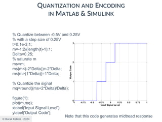 © Burak Kelleci - 2024
QUANTIZATION AND ENCODING
IN MATLAB & SIMULINK
% Quantize between -0.5V and 0.25V
% with a step size of 0.25V
t=0:1e-3:1;
m=-1:2/(length(t)-1):1;
Delta=0.25;
% saturate m
ms=m;
ms(m<(-2*Delta))=-2*Delta;
ms(m>(1*Delta))=1*Delta;
% Quantize the signal
mq=round((ms+2*Delta)/Delta);
figure(1);
plot(m,mq);
xlabel('Input Signal Level');
ylabel('Output Code');
-1 -0.75 -0.5 -0.25 0 0.25 0.5 0.75 1
0
1
2
3
Input Signal Level
Output
Code
Note that this code generates midtread response
 
