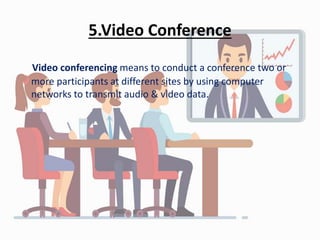 5.Video Conference
Video conferencing means to conduct a conference two or
more participants at different sites by using computer
networks to transmit audio & video data.
 