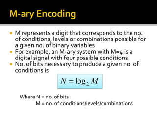  M represents a digit that corresponds to the no. 
of conditions, levels or combinations possible for 
a given no. of binary variables 
 For example, an M-ary system with M=4 is a 
digital signal with four possible conditions 
 No. of bits necessary to produce a given no. of 
conditions is 
N M 2  log 
Where N = no. of bits 
M = no. of conditions/levels/combinations 
 