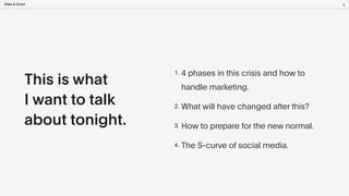 1. 4 phases in this crisis and how to
handle marketing.


2. What will have changed after this?


3. How to prepare for th...
