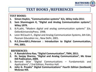 TEXT BOOKS /REFERENCES
TEXT BOOKS:
1. Simon Haykin, “Communication systems” 4/e, Wiley India 2011
2. Sam Shanmugam K, “Dig...