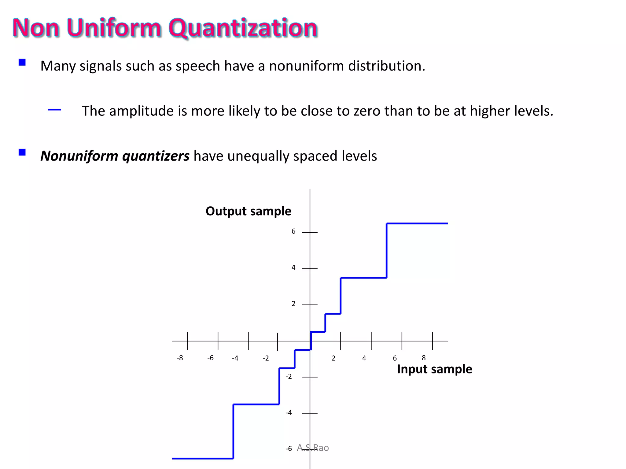    Many signals such as speech have a nonuniform distribution.

     –    The amplitude is more likely to be close to zero than to be at higher levels.

   Nonuniform quantizers have unequally spaced levels


                              Output sample
                                              6



                                              4



                                              2




                         -8   -6   -4   -2                  2   4   6      8

                                             -2
                                                                        Input sample


                                             -4



                                             -6   A.S.Rao
 