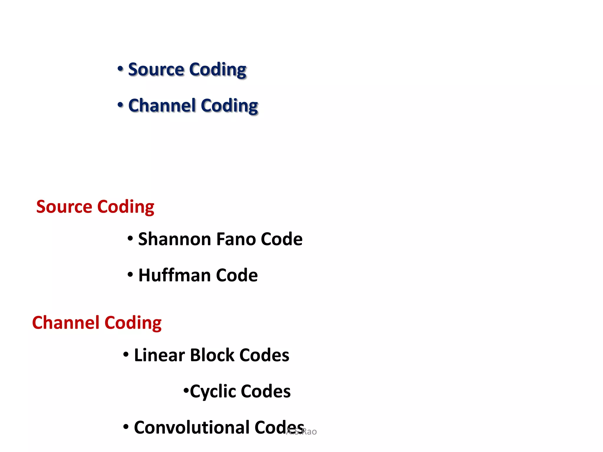 • Source Coding
         • Channel Coding




Source Coding
          • Shannon Fano Code
          • Huffman Code

Channel Coding
         • Linear Block Codes
                 •Cyclic Codes
         • Convolutional Codes
                            A.S.Rao
 