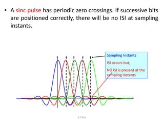 • A sinc pulse has periodic zero crossings. If successive bits
  are positioned correctly, there will be no ISI at samplin...