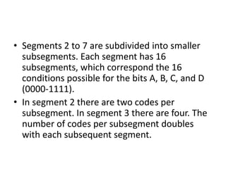 • Segments 2 to 7 are subdivided into smaller
  subsegments. Each segment has 16
  subsegments, which correspond the 16
  conditions possible for the bits A, B, C, and D
  (0000-1111).
• In segment 2 there are two codes per
  subsegment. In segment 3 there are four. The
  number of codes per subsegment doubles
  with each subsequent segment.
 