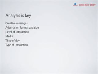 Analysis is key
Creative messages
Advertising format and size
Level of interaction
Media
Time of day
Type of interaction
 