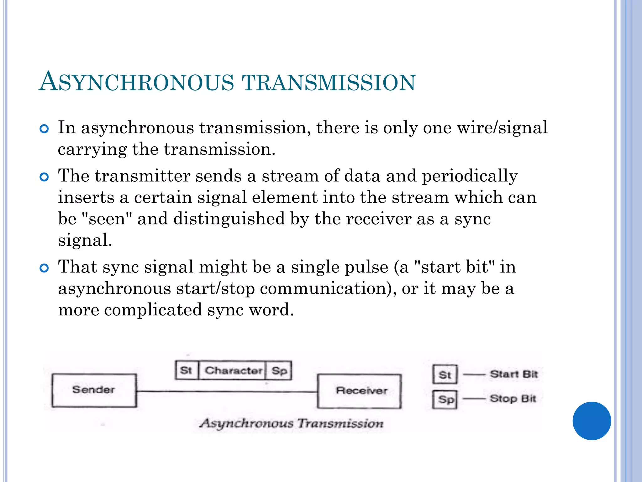 ASYNCHRONOUS TRANSMISSION






In asynchronous transmission, there is only one wire/signal
carrying the transmission.
The transmitter sends a stream of data and periodically
inserts a certain signal element into the stream which can
be "seen" and distinguished by the receiver as a sync
signal.
That sync signal might be a single pulse (a "start bit" in
asynchronous start/stop communication), or it may be a
more complicated sync word.

 