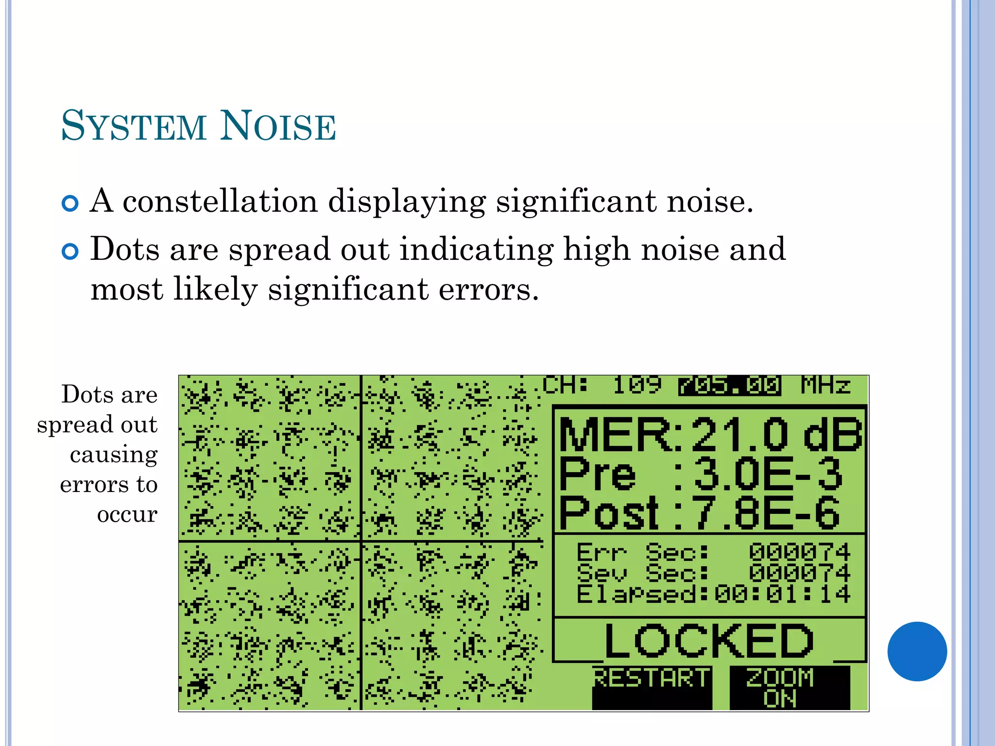 SYSTEM NOISE
A constellation displaying significant noise.
 Dots are spread out indicating high noise and
most likely significant errors.


Dots are
spread out
causing
errors to
occur

 