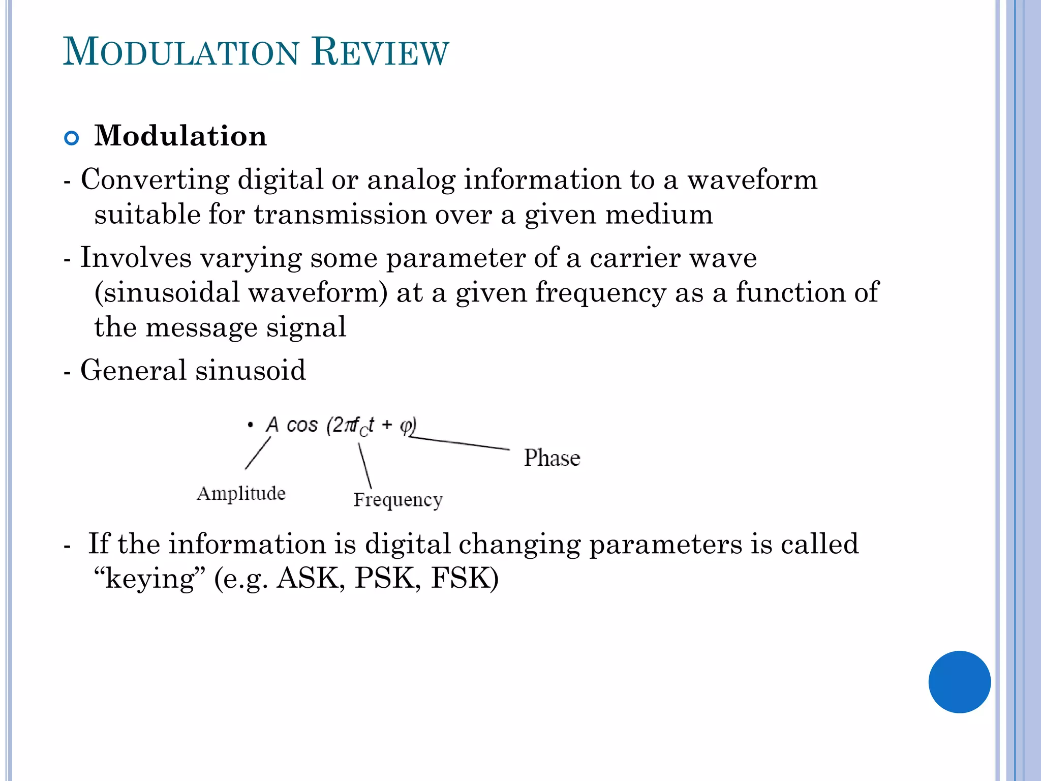 MODULATION REVIEW
Modulation
- Converting digital or analog information to a waveform
suitable for transmission over a given medium
- Involves varying some parameter of a carrier wave
(sinusoidal waveform) at a given frequency as a function of
the message signal
- General sinusoid


- If the information is digital changing parameters is called
“keying” (e.g. ASK, PSK, FSK)

 