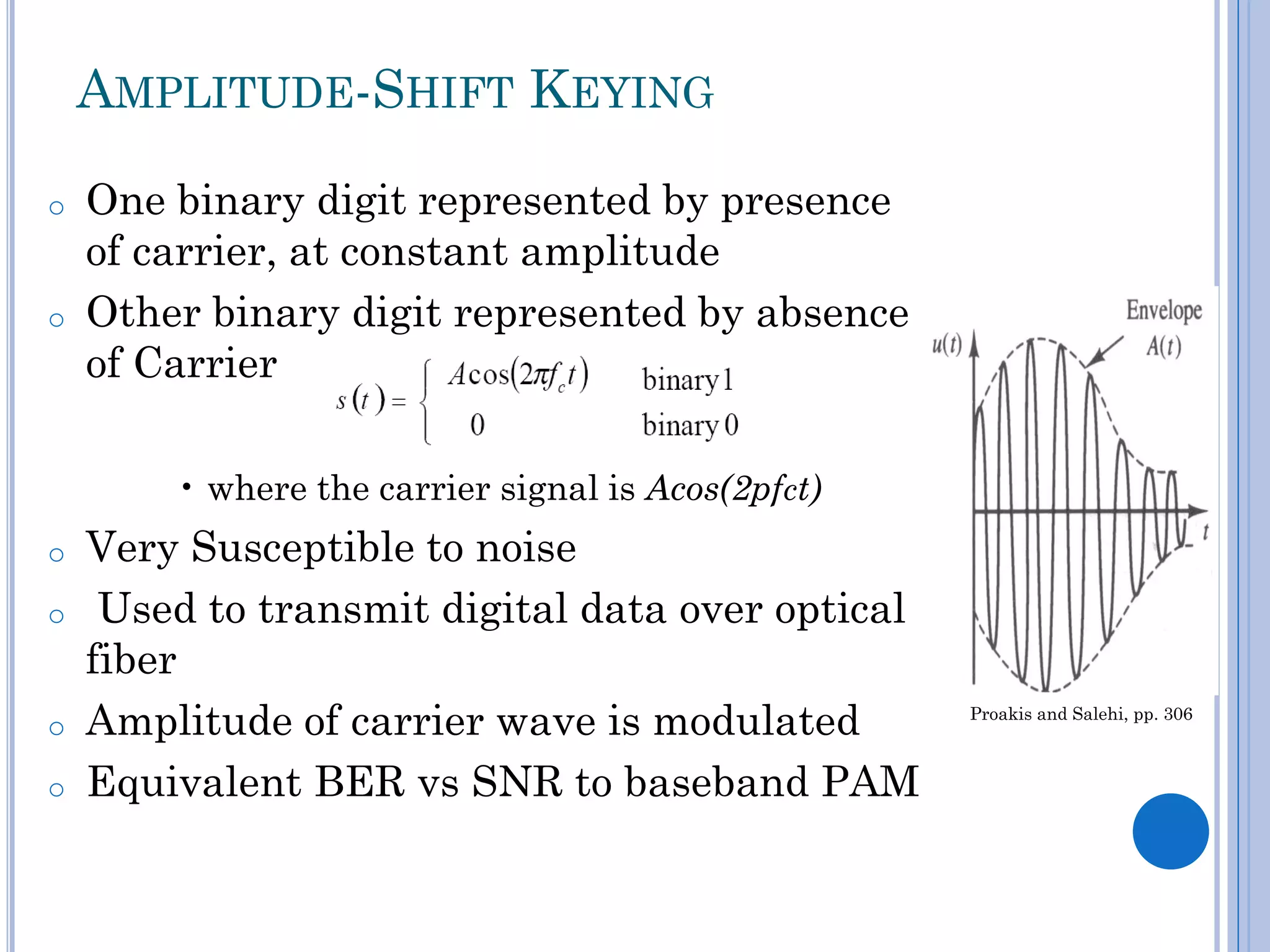 AMPLITUDE-SHIFT KEYING
o

o

One binary digit represented by presence
of carrier, at constant amplitude
Other binary digit represented by absence
of Carrier
• where the carrier signal is Acos(2pfct)

o

o

o
o

Very Susceptible to noise
Used to transmit digital data over optical
fiber
Amplitude of carrier wave is modulated
Equivalent BER vs SNR to baseband PAM

Proakis and Salehi, pp. 306

 