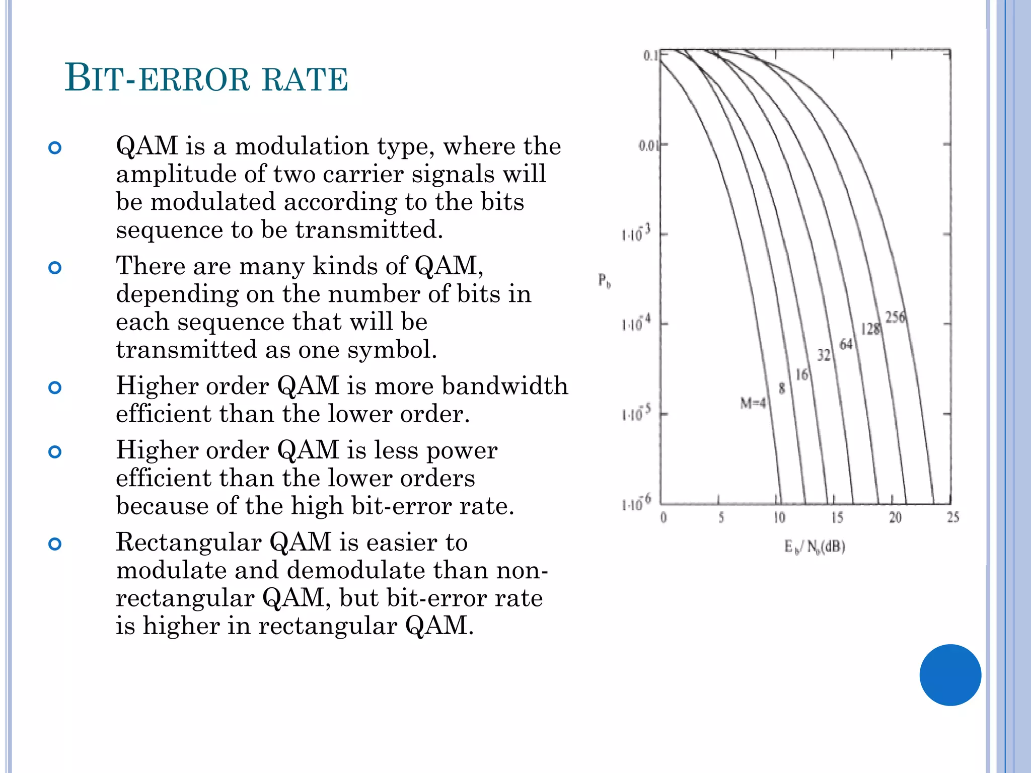 BIT-ERROR RATE









QAM is a modulation type, where the
amplitude of two carrier signals will
be modulated according to the bits
sequence to be transmitted.
There are many kinds of QAM,
depending on the number of bits in
each sequence that will be
transmitted as one symbol.
Higher order QAM is more bandwidth
efficient than the lower order.
Higher order QAM is less power
efficient than the lower orders
because of the high bit-error rate.
Rectangular QAM is easier to
modulate and demodulate than nonrectangular QAM, but bit-error rate
is higher in rectangular QAM.

 