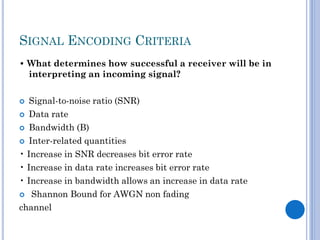 SIGNAL ENCODING CRITERIA
• What determines how successful a receiver will be in
interpreting an incoming signal?
Signal-to-noise ratio (SNR)
 Data rate
 Bandwidth (B)
 Inter-related quantities
• Increase in SNR decreases bit error rate
• Increase in data rate increases bit error rate
• Increase in bandwidth allows an increase in data rate
 Shannon Bound for AWGN non fading
channel


 