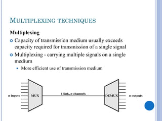 MULTIPLEXING TECHNIQUES
Multiplexing
 Capacity of transmission medium usually exceeds
capacity required for transmission of a single signal
 Multiplexing - carrying multiple signals on a single
medium


More efficient use of transmission medium

 