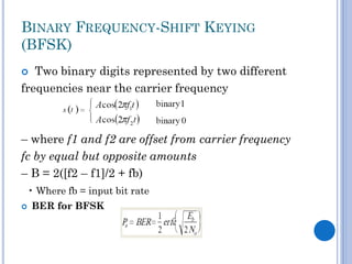 BINARY FREQUENCY-SHIFT KEYING
(BFSK)
Two binary digits represented by two different
frequencies near the carrier frequency


– where f1 and f2 are offset from carrier frequency
fc by equal but opposite amounts
– B = 2([f2 – f1]/2 + fb)
• Where fb = input bit rate


BER for BFSK

 
